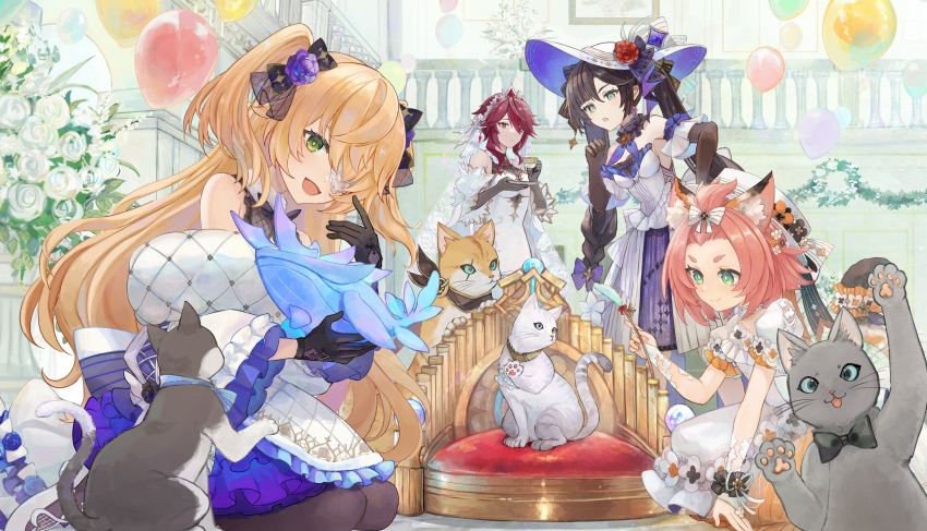 4girls :d :o absurdres all-devouring_narwhal_(genshin_impact) alternate_costume animal_ears balloon bare_shoulders black_bow black_gloves black_hairband blonde_hair bow breasts cat_ears cat_girl commentary_request cup detached_sleeves diona_(genshin_impact) dress elbow_gloves english_commentary feline fischl_(genshin_impact) flat_chest genshin_impact gloves green_eyes grey_cat hair_between_eyes hair_over_one_eye hairband hairbow hat highres holding holding_cup holding_saucer indoors kneeling light_blush long_hair long_sleeves looking_at_animal looking_at_viewer medium_breasts mixed-language_commentary mona_(genshin_impact) multiple_girls orange_cat pink_hair puffy_short_sleeves puffy_sleeves red_eyes rosaria_(genshin_impact) saucer short_hair_with_long_locks short_sleeves sir_pouncelot_(genshin_impact) sleeveless sleeveless_dress small_breasts smile stuffed_toy teacup tgf_pic twintails two_side_up very_long_hair white_bow white_cat white_dress white_hat white_veil