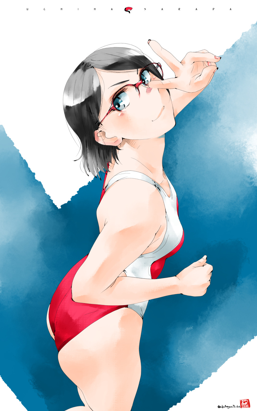 black_hair blue_eyes boruto:_naruto_next_generations character_name collarbone female glasses highres looking_at_viewer mike156 naruto_(series) one-piece_swimsuit red-framed_eyewear red_one-piece_swimsuit short_hair smile solo standing swimsuit two-tone_one-piece_swimsuit uchiha_sarada v white_one-piece_swimsuit