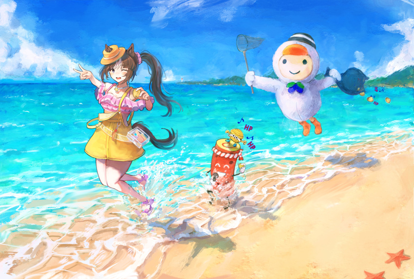 ;d animal_ears beach bead_necklace beads bikini_top_on_head boater_hat brown_hair ears_through_headwear female hair_ornament hair_scrunchie highres hokki-kun hokko_tarumae_(pastel_marine_locadol)_(umamusume) hokko_tarumae_(umamusume) holding_net holding_seashell horse_ears horse_girl horse_tail jewelry long_hair looking_at_viewer necklace official_alternate_costume official_alternate_hairstyle one_eye_closed purple_eyes purple_scrunchie scrunchie see-through_bag side_ponytail smile striped_hair suke_omi tail tilted_hat tilted_headwear tomachop umamusume v wading yellow_overalls yoitomake-kun