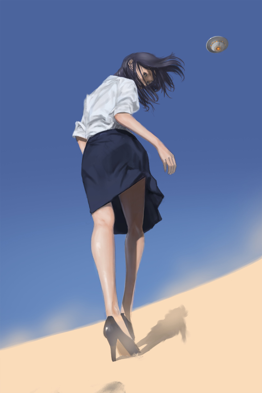 absurdres black_footwear black_hair black_skirt day female flying_saucer from_behind from_below full_body high_heels highres looking_at_viewer medium_hair original outdoors pencil_skirt sand sand_dune shadow shirt skirt solo spacecraft white_shirt wind www_(201548)