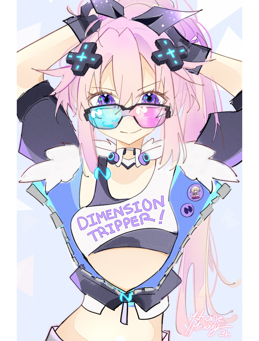 absurdres adult_neptune arms_up black_tank_top choker clothes_writing cosplay crop_top d-pad d-pad_hair_ornament female fur-trimmed_jacket fur_trim hair_ornament highres honkai:_star_rail honkai_(series) jacket long_hair looking_at_viewer melissa_fahn midriff neptune_(series) pink_hair purple_eyes shin_jigen_game_neptune_vii shirt silver_wolf_(honkai:_star_rail) silver_wolf_(honkai:_star_rail)_(cosplay) single-shoulder_shirt smile solo stomach sunglasses tank_top upper_body very_long_hair voice_actor_connection white_shirt yitsune_melody