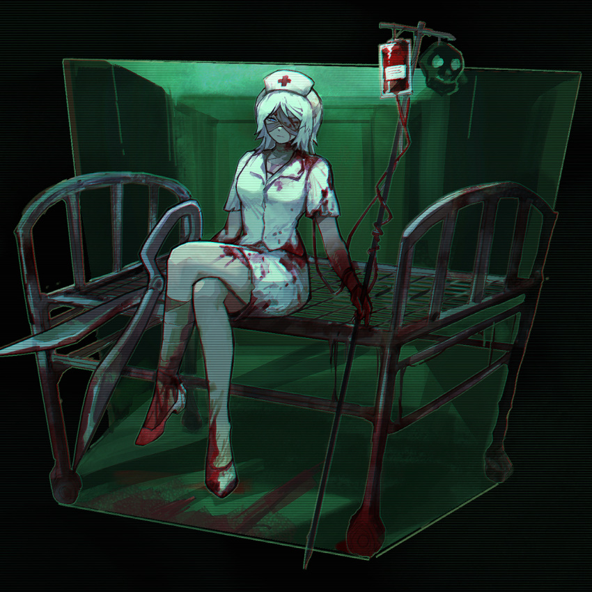 bandage_over_one_eye bandaged_leg bandages blood blood_bag blood_on_clothes blood_on_face blood_on_hands blue_eyes centaur_(project_moon) closed_mouth crossed_legs dress e.g.o_(project_moon) faust_(project_moon) female flaw_eight hat high_heels holding holding_scissors intravenous_drip limbus_company looking_at_viewer nurse_cap project_moon scissors short_hair short_sleeves skull solo white_dress white_footwear white_hair