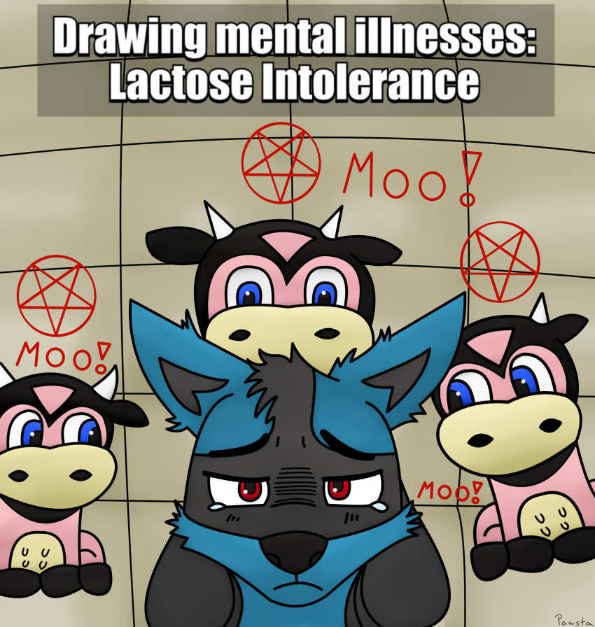 absurd_res anthro black_body black_fur blue_body blue_eyes blue_fur canid canine feral fur generation_2_pokemon generation_4_pokemon group hi_res humor lucario mammal meme miltank nintendo occult_symbol padded_room pawsta pentagram pink_body pink_fur pokemon pokemon_(species) red_eyes symbol