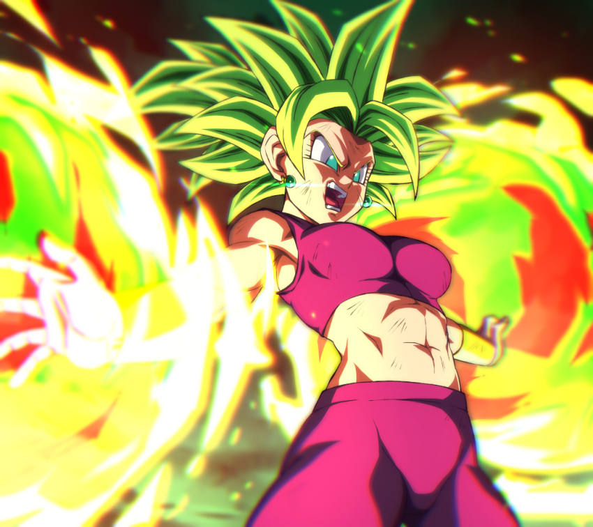 abs battle_damage breasts crop_top dragon_ball dragon_ball_super earrings energy_blast female green_eyes green_hair jewelry kefla_(dragon_ball) medium_breasts midriff muscular muscular_female navel obliques pants potara_earrings rom_(20) saiyan solo spiked_hair super_saiyan toned