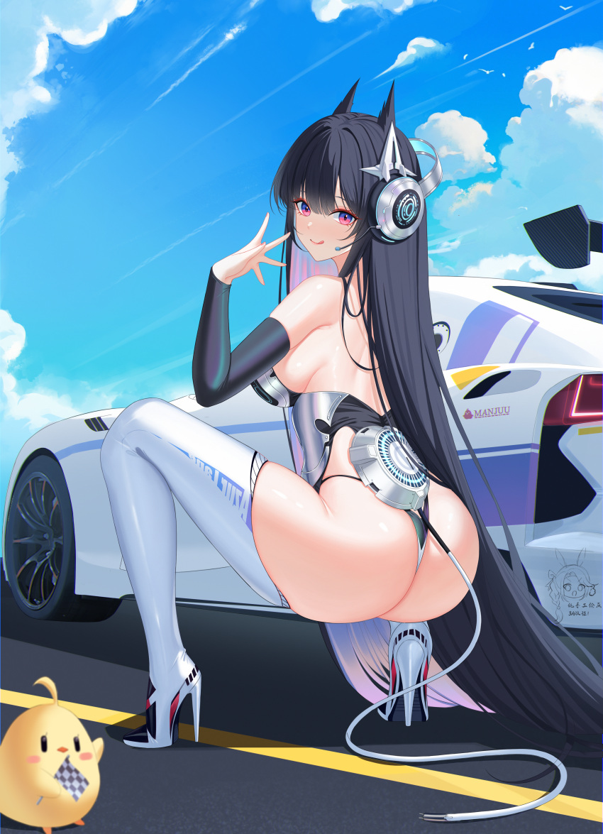 :p absurdres animal_ears ass azur_lane black_hair car chinese_commentary female headphones highres manjuu_(azur_lane) motor_vehicle nanqizizhou official_alternate_costume pink_eyes race_queen road sitting sky sports_car strasbourg_(azur_lane) strasbourg_(faerie_of_the_race_circuit)_(azur_lane) tail thighs tongue tongue_out