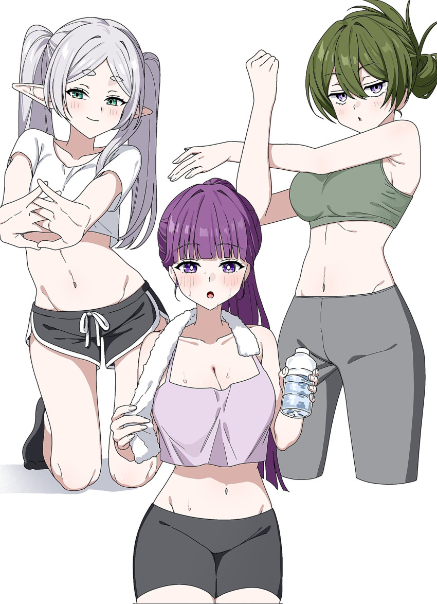 3girls bike_shorts blue_eyes blush breasts cleavage cropped_legs cropped_shirt cross-body_stretch dolphin_shorts fern_(sousou_no_frieren) frieren green_eyes green_hair green_sports_bra grey_hair highres kayuu_(hikentai0112) kneeling large_breasts leggings long_hair looking_at_viewer midriff multiple_girls navel open_mouth pointy_ears ponytail purple_eyes purple_hair shirt shorts small_breasts smile sousou_no_frieren sports_bra sportswear stretching towel towel_around_neck ubel_(sousou_no_frieren) very_long_hair white_shirt