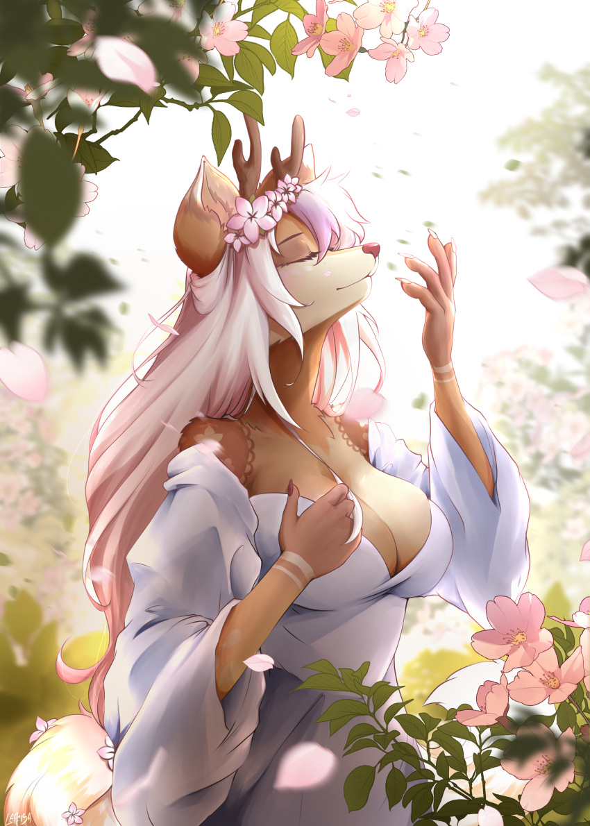 absurd_res accessory anthro antlers big_breasts breasts cleavage closed_eyes clothed clothing deer detailed_background dress female female/female flower flower_in_hair forest garden hair hair_accessory hi_res horn laffisa long_hair male mammal nature nature_background outside plant solo solotemptation tree