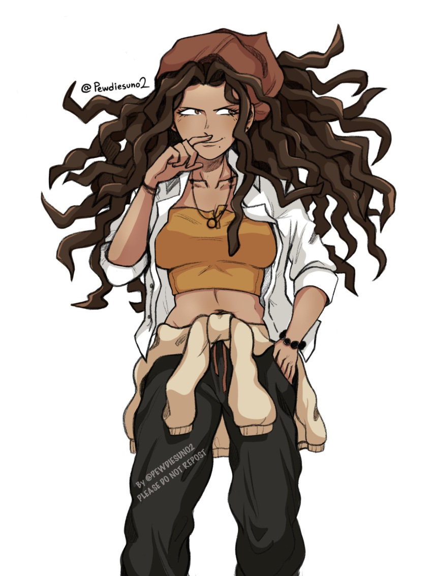 artist_name bead_bracelet beads black_pants bracelet breasts brown_hair collarbone crop_top danganronpa:_trigger_happy_havoc danganronpa_(series) dark-skinned_female dark_skin female hagakure_yasuhiro highres jewelry large_breasts long_hair long_sleeves mat_(pewdiesuno) mole mole_under_mouth navel necklace open_clothes open_shirt pants shirt sideways_glance simple_background smile solo stomach sweater white_hair white_shirt