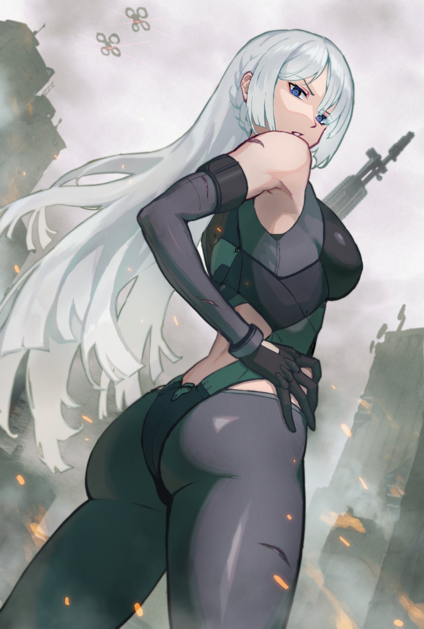 ak-15 ak-15_(girls'_frontline) ass assault_rifle black_gloves black_pants blue_eyes breasts commentary drone english_commentary female from_behind girls'_frontline gloves gun hand_on_own_hip highres kalashnikov_rifle long_hair looking_at_viewer looking_back pants parted_lips pencil_kun red_pupils rifle solo weapon white_hair