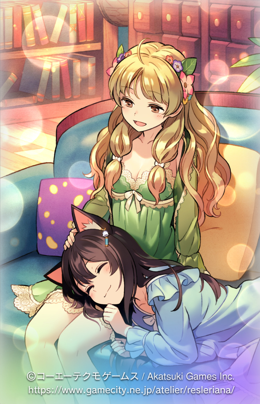 2girls :3 animal_ear_fluff animal_ears atelier_(series) atelier_ayesha atelier_resleriana ayesha_altugle black_hair blonde_hair book bookshelf breasts brown_eyes cat_ears chemise cleavage closed_eyes commentary_request copyright_notice couch flower funuyu hair_flower hair_ornament hand_on_another's_head highres indoors izana_kokoschka lap_pillow long_hair looking_at_another lying lying_on_lap multiple_girls official_alternate_costume official_art on_couch on_side open_mouth pajamas pillow pink_flower purple_flower sitting sleeping sleeping_on_person smile web_address wooden_floor