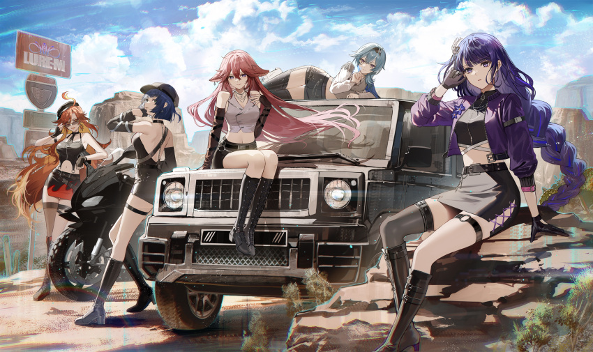 5girls ahoge animal_ears backless_outfit bare_arms bare_back bare_shoulders baseball_cap beret black_footwear black_gloves black_hat black_shorts blue_hair blue_sky boots cloud commentary crop_top day elbow_gloves eula_(genshin_impact) fingerless_gloves fox_ears genshin_impact gloves grey_shirt hat high-waist_shorts high-waist_skirt highres kuga_huna mavuika_(genshin_impact) mercedes-benz mercedes-benz_g-class midriff miniskirt motor_vehicle multiple_girls navel official_art orange_hair pink_hair purple_eyes purple_hair raiden_shogun red_skirt shirt short_shorts shorts sitting skirt sky sleeveless sleeveless_shirt sunglasses thigh_strap yae_miko yelan_(genshin_impact)