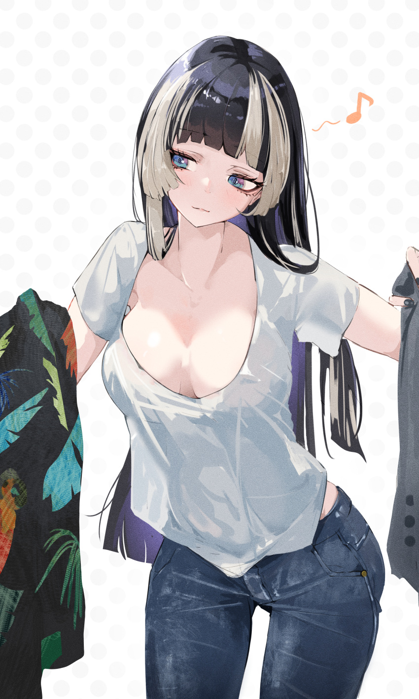 absurdres alternate_costume black_hair blonde_hair blue_pants blush breasts closed_mouth commentary_request cowboy_shot denim female highres holding holding_unworn_clothes hololive hololive_dev_is jeans juufuutei_raden large_breasts long_hair looking_at_object menomeno_draw multicolored_hair pants polka_dot polka_dot_background purple_eyes shirt short_sleeves simple_background solo streaked_hair virtual_youtuber white_background white_shirt