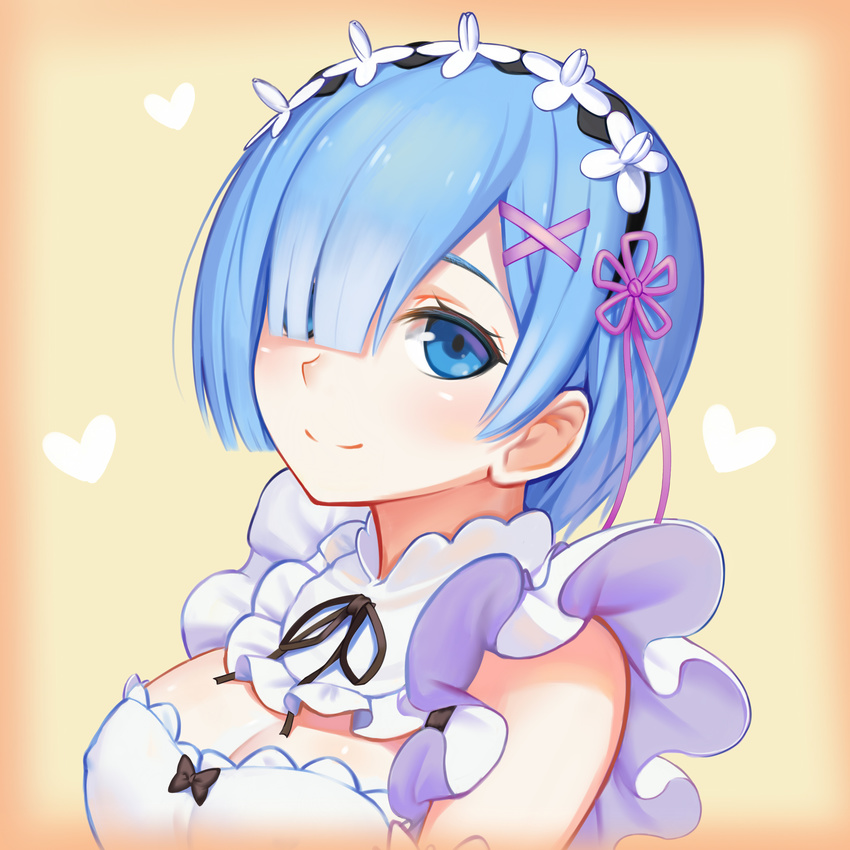 absurdres blue_eyes blue_hair breasts chinese_commentary cleavage commentary female hair_over_one_eye heart highres looking_at_viewer maid medium_breasts re:zero_kara_hajimeru_isekai_seikatsu rem_(re:zero) roswaal_mansion_maid_uniform short_hair smile solo sonikey0_0