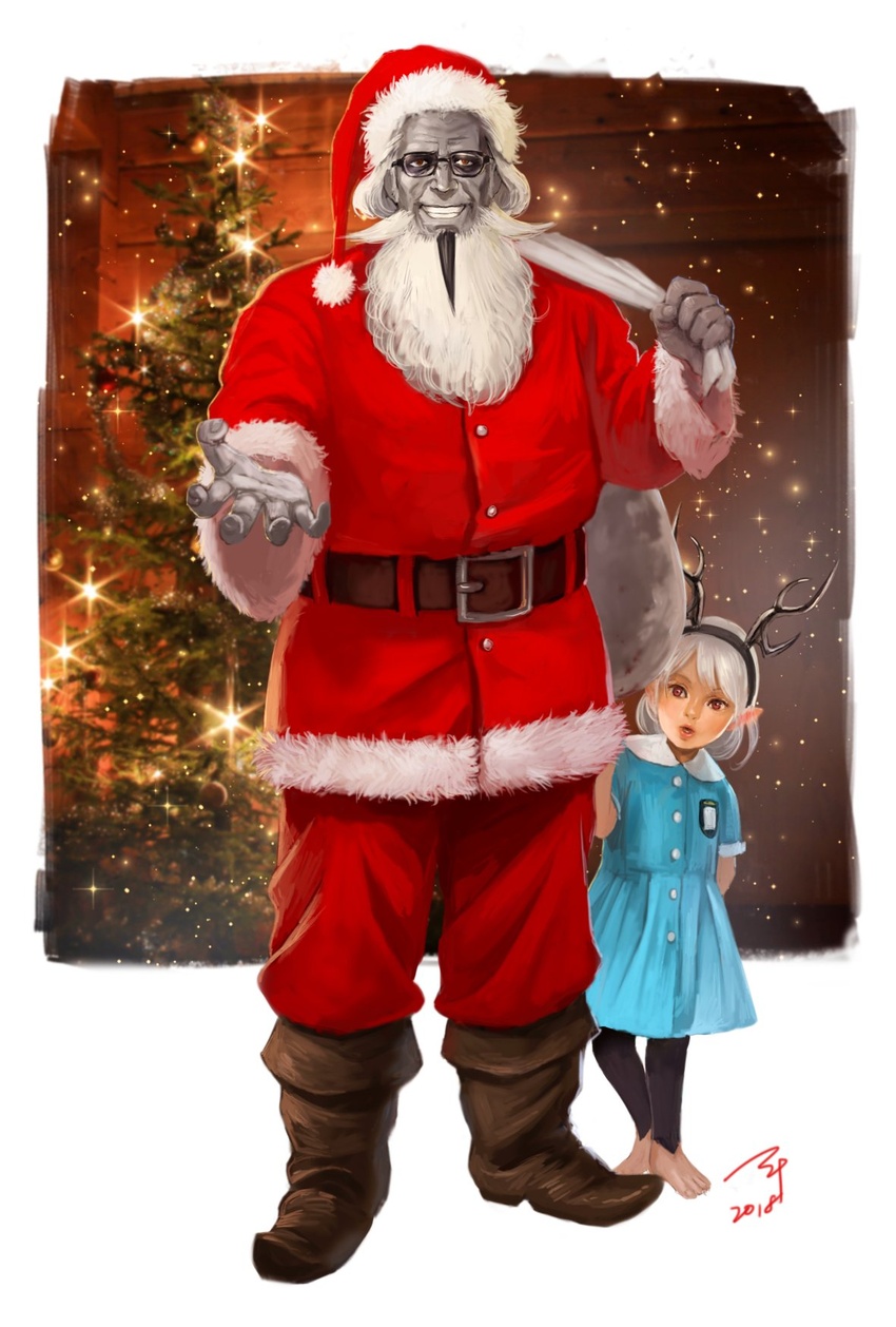 1boy barefoot beard boots christmas christmas_ornaments christmas_tree colored_skin commentary_request corrin_(female)_(fire_emblem) corrin_(fire_emblem) evil_grin evil_smile facial_hair female fire_emblem fire_emblem_fates fire_emblem_heroes full_body garon_(fire_emblem) glasses gloves grey_skin grin hat highres horns looking_at_viewer pointy_ears red_eyes santa_boots santa_costume santa_gloves santa_hat smile soeda_ippei white_hair