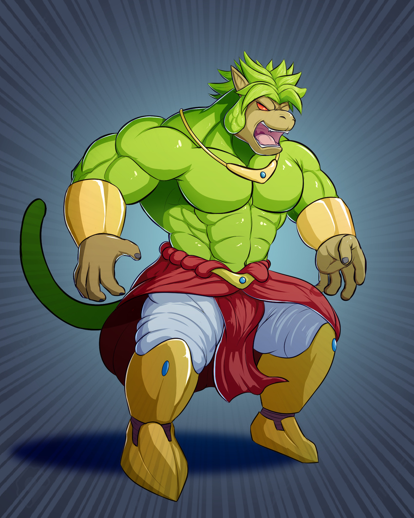 4:5 5_fingers abs anthro armor big_muscles bottomwear broly clothing dragon_ball dragon_ball_z fingers fur greaves green_body green_fur green_hair hair haplorhine hi_res huge_muscles male mammal monkey muscular muscular_anthro muscular_male oozaru open_mouth pants primate primodrago red_eyes simple_background solo standing vambrace zoom_lines