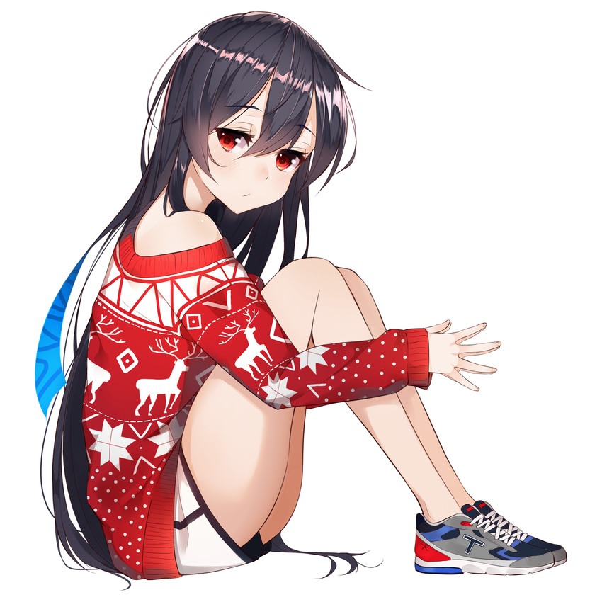 absurdres black_hair blush boku_no_kanojo_wa_ningyohime!? christmas closed_mouth commentary dolphin_shorts female from_side hair_between_eyes highres koma_ion legs_together long_hair looking_at_viewer making-of_available off_shoulder own_hands_together photoshop_(medium) red_eyes shoes short_shorts shorts simple_background sitting sneakers solo the_cold thighs very_long_hair white_background