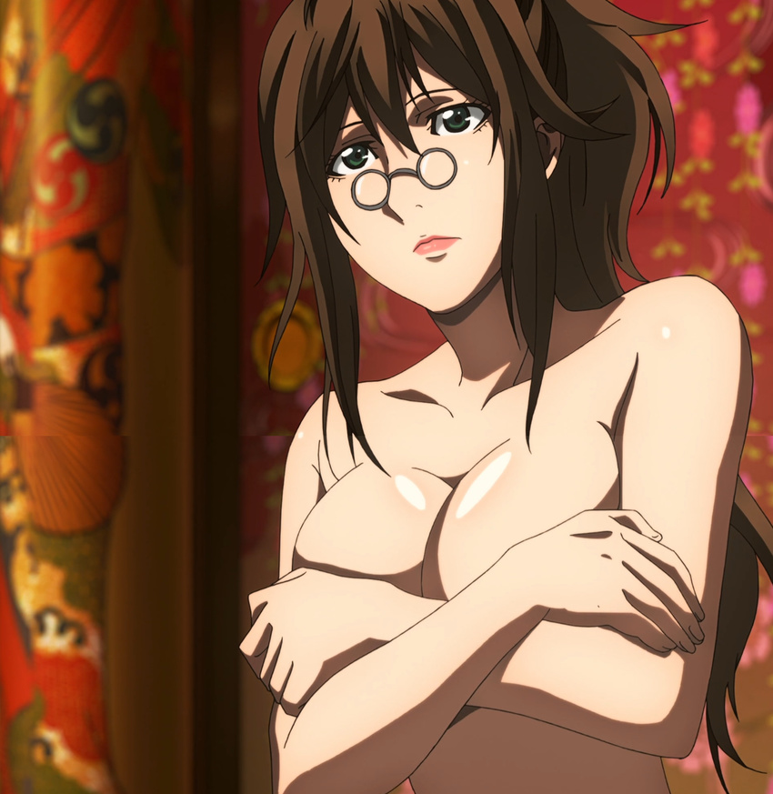 breasts brown_hair cleavage covering covering_breasts female female fuuun_ishin_dai_shogun glasses green_eyes hattori_kiriko highres large_breasts lips lipstick long_hair makeup pink_lipstick screencap solo standing stitched topless very_long_hair