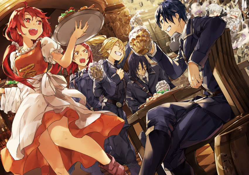 3girls 4boys :d alcohol apron barrel beard beatrice_waltrud_von_kircheisen beer beer_mug black_hair blonde_hair blue_hair chair closed_eyes commentary_request crossed_legs cup dies_irae eleonore_von_wittenburg facial_hair fighting frills g_yuusuke goetz_von_berlichingen grin happy long_hair looking_at_another lotus_reichhart military military_uniform mug multiple_boys multiple_girls necktie open_mouth photoshop_(medium) plate ponytail red_hair rusalka_schwagerin shinza_bansho_series sitting smile table tavern teeth tray uniform upper_teeth_only white_hair wilhelm_ehrenburg wolfgang_schreiber