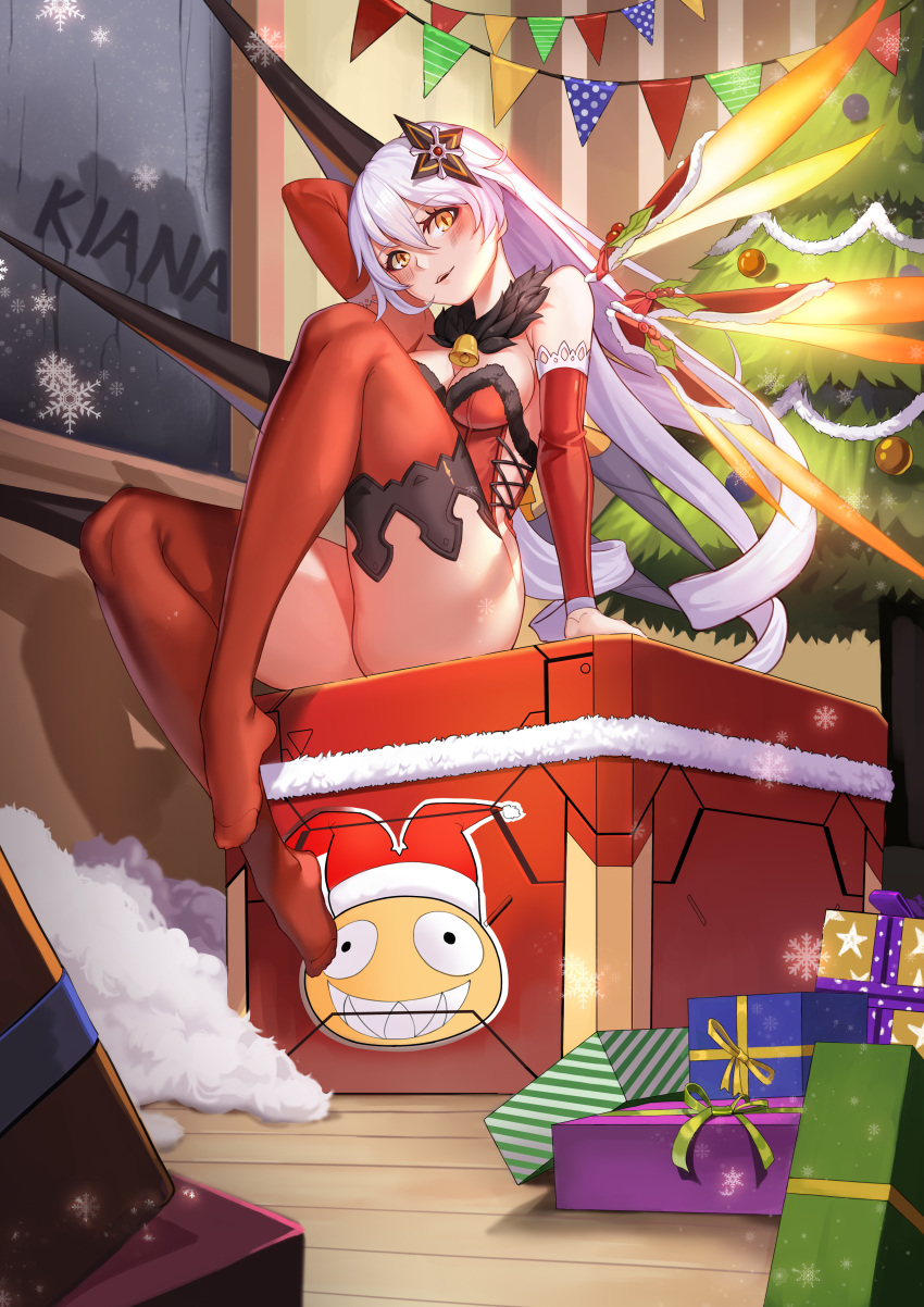 absurdres ahoge arm_behind_head bangs breasts christmas christmas_ornaments christmas_tree crate dark_persona detached_sleeves energy_wings eyebrows_visible_through_hair female floating_weapon fur-trimmed_leotard gift hair_between_eyes hair_ornament head_tilt herrscher_of_the_void highres honkai_(series) indoors kiana_kaslana knee_up large_breasts leotard long_hair looking_at_viewer m_chant medium_breasts open_mouth polearm red_legwear red_leotard sidelocks silver_hair sitting slit_pupils snowflakes solo spear thighhighs thighs very_long_hair weapon yellow_eyes