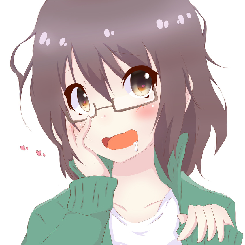 absurdres blush brown_eyes brown_hair commentary_request female genderswap_(mtf) glasses hand_on_own_face heart heart-shaped_pupils highres original rule_63 saliva shirt short_hair sleeves_past_wrists solo sweater symbol-shaped_pupils t-shirt yasai_yuuki