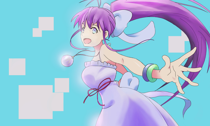 bare_shoulders blue_background blue_eyes bracelet breasts dress female frills jewelry long_hair open_mouth ponytail purple_hair ribbon ryuugajou_nanana ryuugajou_nanana_no_maizoukin simple_background