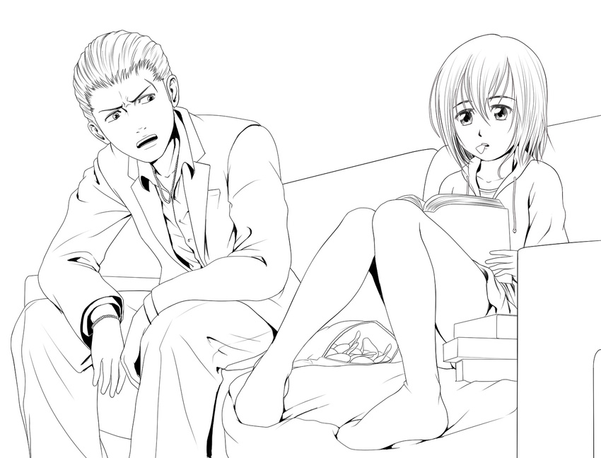 1boy blazer casual chips_(food) commentary_request couch feet_on_chair female food formal greyscale hina_(hinamatsuri) hinamatsuri_(manga) hood hoodie jacket kou2080 lolicon monochrome nitta_yoshifumi pantyhose photoshop_(medium) potato_chips reading ryuu_ga_gotoku scar short_hair sitting suit