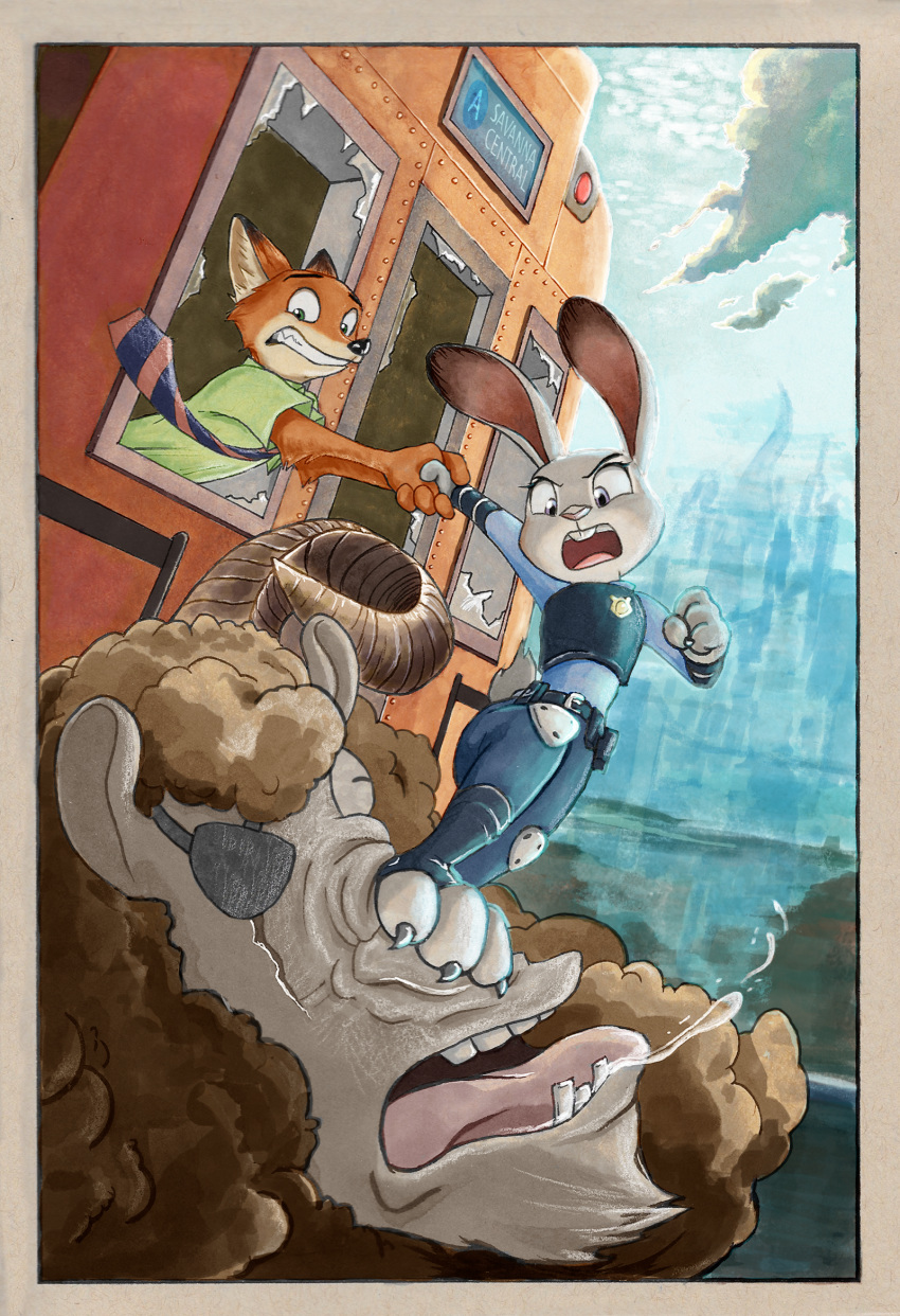 2018 angry anthro bodily_fluids bovid broken_window canid canine caprine clothing deaffinity deannart disney domestic_sheep eye_patch eyewear female flying_kick fox group hand_holding hi_res jesse_(zootopia) judy_hopps kick lagomorph leporid male mammal midair nick_wilde police police_uniform rabbit red_fox saliva sheep subway train true_fox uniform vehicle zootopia