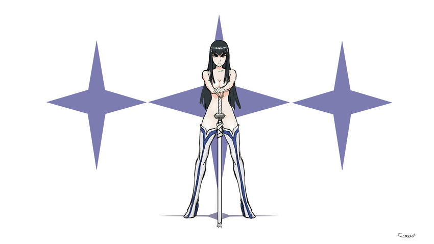 black_hair blue_eyes boots breasts censored cleavage convenient_censoring darren_geers female full_body hair_ornament hairclip katana kill_la_kill kiryuuin_satsuki long_hair nude sheath sheathed solo standing sword thigh_boots thighhighs weapon