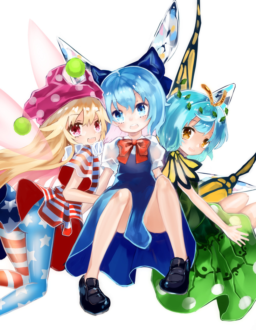 3girls absurdres american_flag_dress american_flag_legwear antennae bare_arms bare_legs black_footwear blonde_hair blue_bow blue_dress blue_eyes blue_hair bow bowtie brown_eyes butterfly_wings cirno clownpiece commentary_request dress eternity_larva fairy_wings friends green_dress hairbow hat head_tilt highres ice ice_wings insect_wings jester_cap kneeling knees_up leaf leaf_on_head long_hair looking_at_viewer multiple_girls neck_ruff open_mouth pantyhose pigeon-toed pink_eyes pink_hat polka_dot puffy_short_sleeves puffy_sleeves red_bow red_bowtie shoes short_dress short_hair short_sleeves simple_background sitting smile star_(symbol) star_print touhou very_long_hair white_background wings zhu_xiang