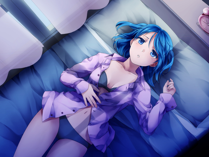 :o alarm_clock bed blue_eyes blue_hair bra breasts clock curtains dutch_angle female from_behind game_cg grey_bra grey_panties hand_on_own_stomach highres hunie_(series) huniepop indoors lying medium_breasts navel nikki_ann-marie ninamo non-web_source on_back on_bed open_clothes open_shirt panties purple_shirt shirt short_hair solo thigh_gap unbuttoned underwear window