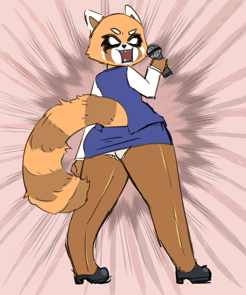 aggretsuko ailurid angry anthro ass brown_body brown_fur clothing electronics eye_markings female fur hi_res looking_back mammal markings microphone open_mouth orange_body orange_fur panties rainbowsprinkles12 rainbowsprinklesart red_panda retsuko sanrio singing solo underwear white_body white_eyes white_fur