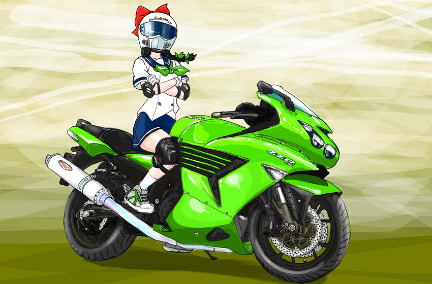 bakuon!! black_hair blue_skirt bow braid breasts buttons chin_strap commentary_request crossed_arms double-breasted elbow_pads female floating_hair from_side gloves green_neckerchief green_ribbons grey_footwear hair_ribbon helmet kawasaki kawasaki_raimu kawasaki_zzr1400 knee_pads long_hair looking_at_viewer miniskirt mitsun_(nhw20-b) motor_vehicle motorcycle name_connection neckerchief red_bow ribbon riding school_uniform serafuku shadow shirt shoes short_sleeves sitting skirt small_breasts sneakers socks solo straddling twin_braids vehicle_focus visor white_gloves white_shirt white_socks