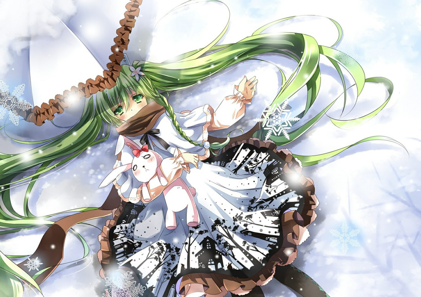 argyle_clothes argyle_legwear braid brown_scarf capelet commentary_request dress female flower green_eyes green_hair hair_flower hair_ornament hatsune_miku jiji_(381134808) long_hair long_sleeves lying on_back pantyhose photoshop_(medium) rabbit scarf snow snowflakes solo stuffed_animal stuffed_rabbit stuffed_toy twintails umbrella very_long_hair vocaloid