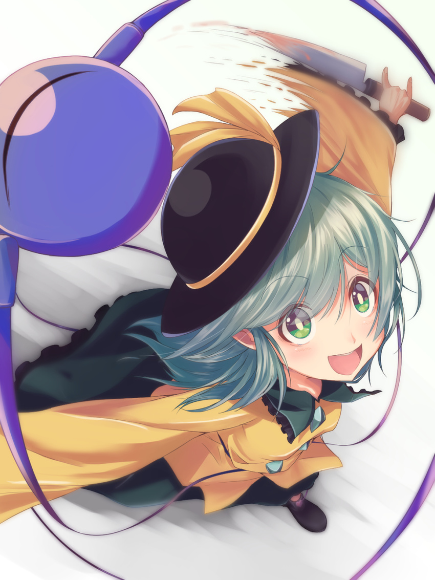 aqua_hair bad_id bad_pixiv_id blood blood_on_knife blush bow diamond_(shape) eyes_visible_through_hair female frilled_shirt_collar frilled_skirt frills green_eyes green_skirt hat hat_bow highres holding holding_knife kitchen_knife knife komeiji_koishi looking_up nekomiyanono open_mouth outstretched_arms reverse_grip round_teeth running shirt short_hair skirt smile solo teeth third_eye touhou yellow_shirt