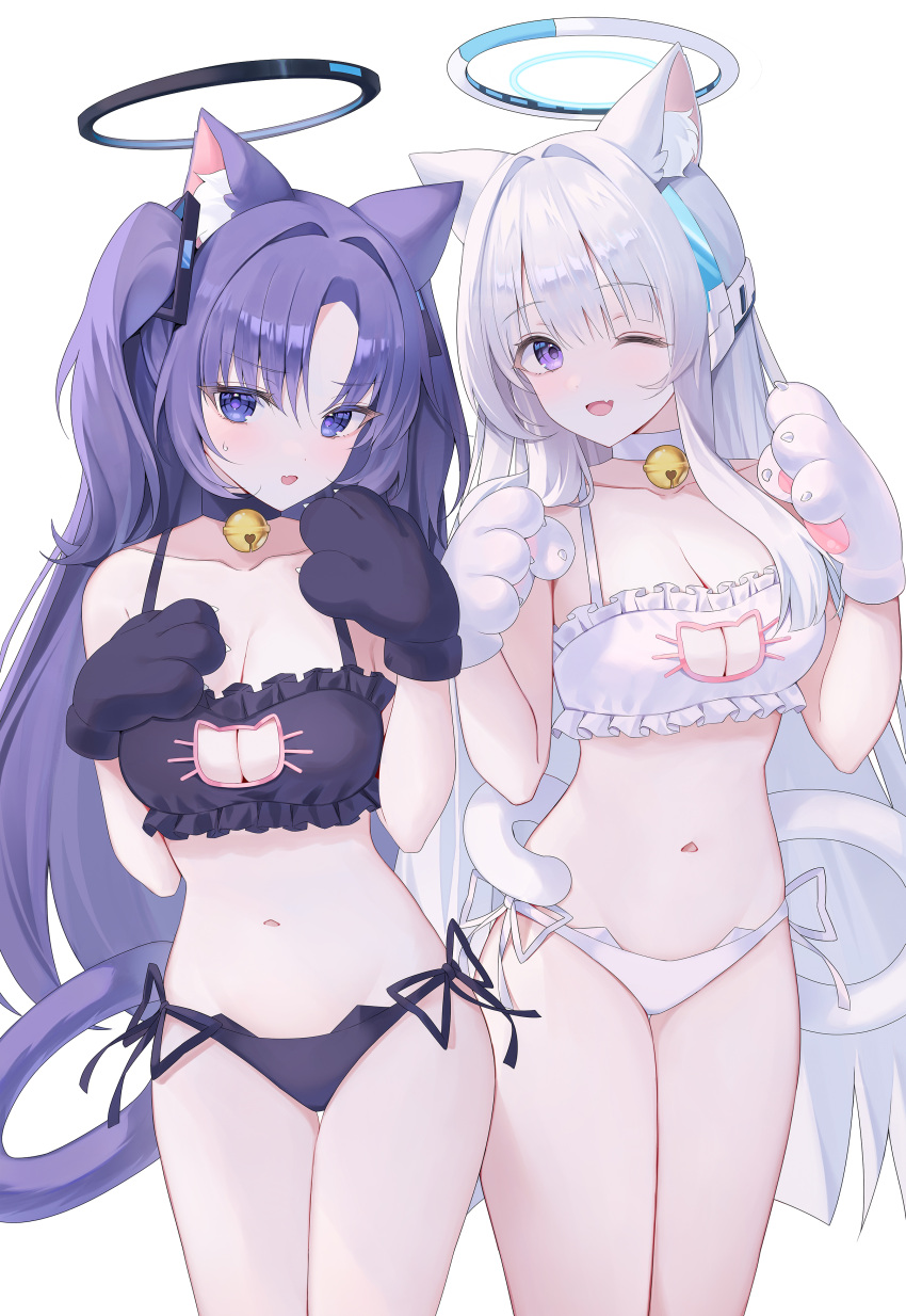 2girls absurdres animal_ear_fluff animal_ears animal_hands bell black_bra black_choker black_gloves black_panties blue_archive blush bra breasts cat_cutout cat_ears cat_lingerie cat_paws cat_tail choker cleavage clothing_cutout collarbone commentary gloves grey_hair halo highres jingle_bell large_breasts long_hair looking_at_viewer mechanical_halo meme_attire multiple_girls navel neck_bell noa_(blue_archive) oerba_yun_fang one_eye_closed open_mouth panties paw_gloves purple_eyes purple_hair simple_background skin_fang smile symbol-only_commentary tail thigh_gap two_side_up underwear white_background white_bra white_choker white_gloves white_panties yagen_(user_mxur3238) yuuka_(blue_archive)