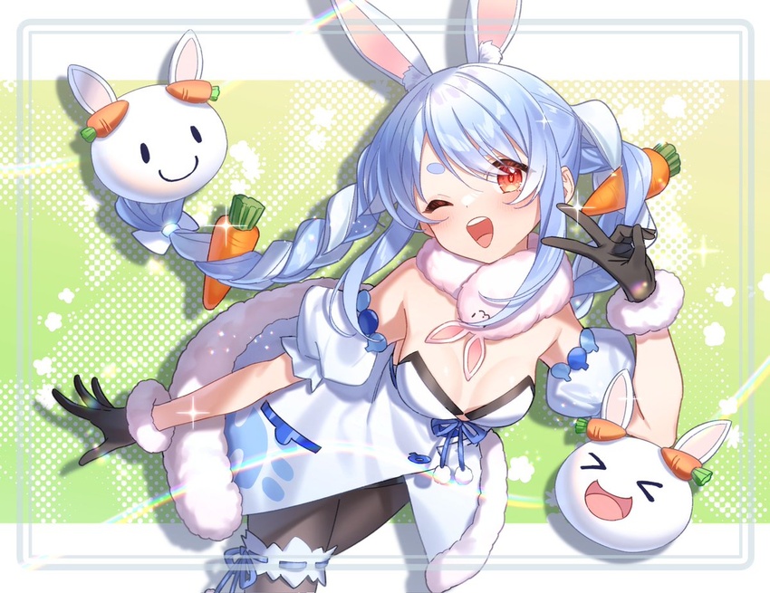 2others animal_ears black_pantyhose blue_hair braid breasts dress female hololive leaning_forward long_hair looking_at_viewer medium_breasts multicolored_hair multiple_others one_eye_closed open_mouth pantyhose pekomon_(usada_pekora) rabbit_ears rabbit_girl red_eyes smile tatata_n3b7 teeth thick_eyebrows tongue twin_braids upper_teeth_only usada_pekora usada_pekora_(1st_costume) virtual_youtuber white_dress white_hair