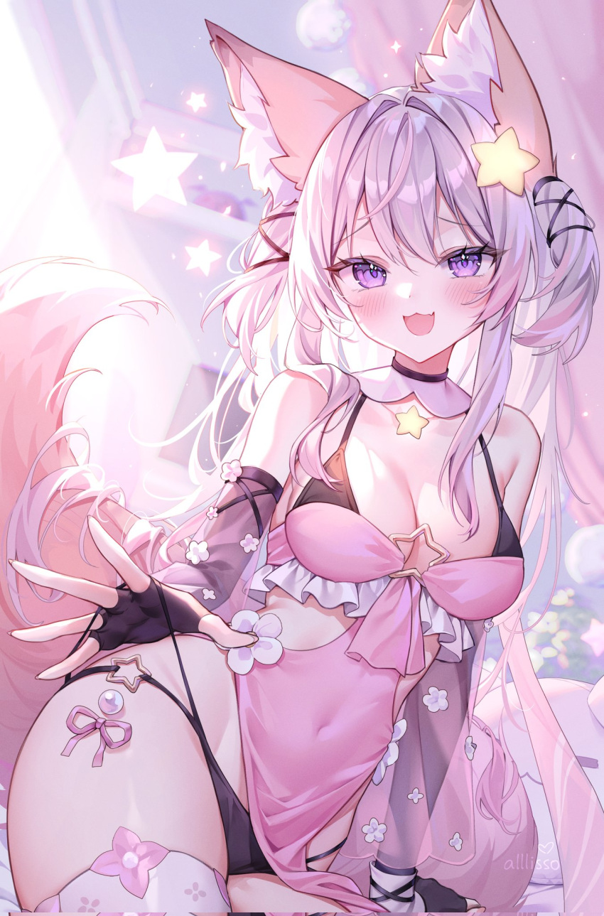 :3 alllisso animal_ear_fluff animal_ears annytf bare_shoulders black_gloves black_panties breasts cleavage clothing_cutout corrupted_twitter_file covered_navel detached_collar detached_sleeves dress elbow_gloves female fingerless_gloves fox_ears fox_girl fox_tail frilled_dress frills gloves hair_ornament highres indie_virtual_youtuber long_hair long_sleeves looking_at_viewer medium_breasts multi-strapped_panties open_mouth panties pelvic_curtain pink_dress purple_eyes revealing_clothes see-through see-through_sleeves short_dress side_cutout sitting sleeveless sleeveless_dress smile solo spaghetti_strap star_(symbol) string_panties tail thighhighs two_side_up underwear very_long_hair virtual_youtuber white_hair