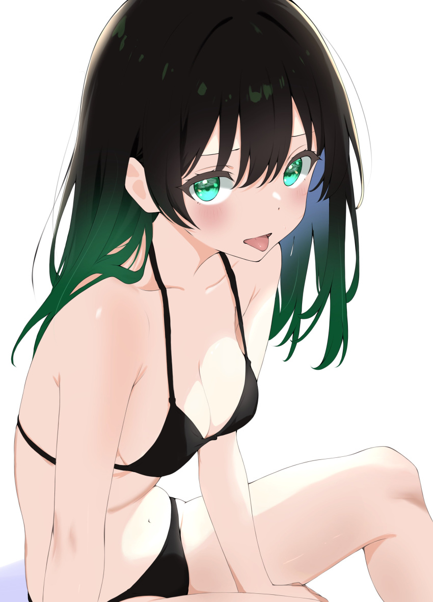 :p absurdres armpit_crease bare_shoulders bikini black_bikini black_hair breasts cleavage collarbone colored_inner_hair commentary female gradient_hair green_eyes green_hair hair_between_eyes hair_down halterneck highres looking_at_viewer love_live! love_live!_nijigasaki_high_school_idol_club medium_breasts medium_hair multicolored_hair navel sitting streaked_hair swimsuit takasaki_yu thighs tongue tongue_out two-tone_hair white_background yuukinui