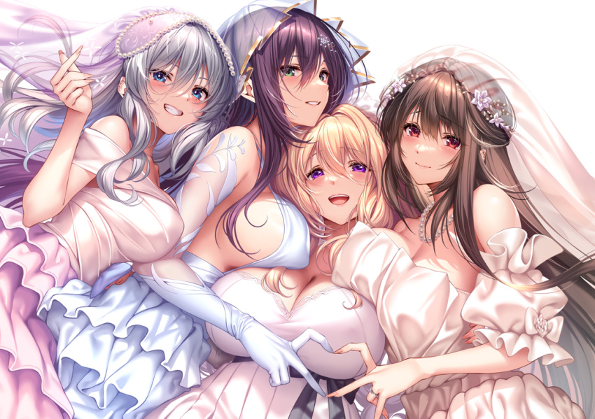 4girls amakano_2 blonde_hair blue_dress blue_eyes breasts brown_hair dress green_eyes himiyama_rei kurohime_yuuhi large_breasts long_hair multiple_girls piromizu purple_eyes purple_hair red_eyes sara_(amakano_2) smile tsutamachi_chitose white_background white_dress white_hair