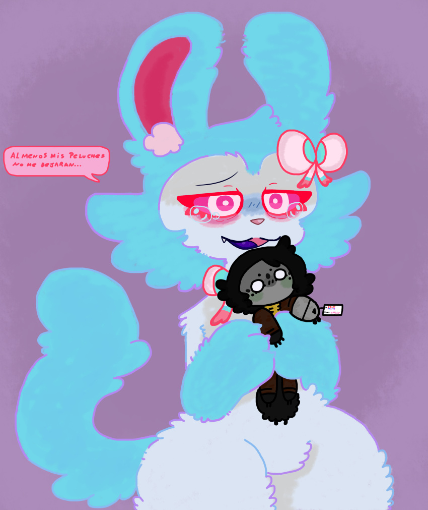 absurd_res anthro black_body black_tail blue_body blue_fur blue_tail blush blush_lines bodily_fluids dialogue fangs female fur gift gift_tag green_blush grey_body hi_res hug hugging_object hugging_plushie inner_ear_fluff nick_(beastbeans) offaly_(kabsfy) pink_body pink_eyes pink_fur pink_nose pink_text plushie prosthetic prosthetic_arm prosthetic_limb purple_background purple_tongue ribbons sad simple_background solo sosu-the-blue-wolf spanish_text speech_bubble tail talking_to_viewer tears teeth text tongue tuft white_body white_eyes white_fur