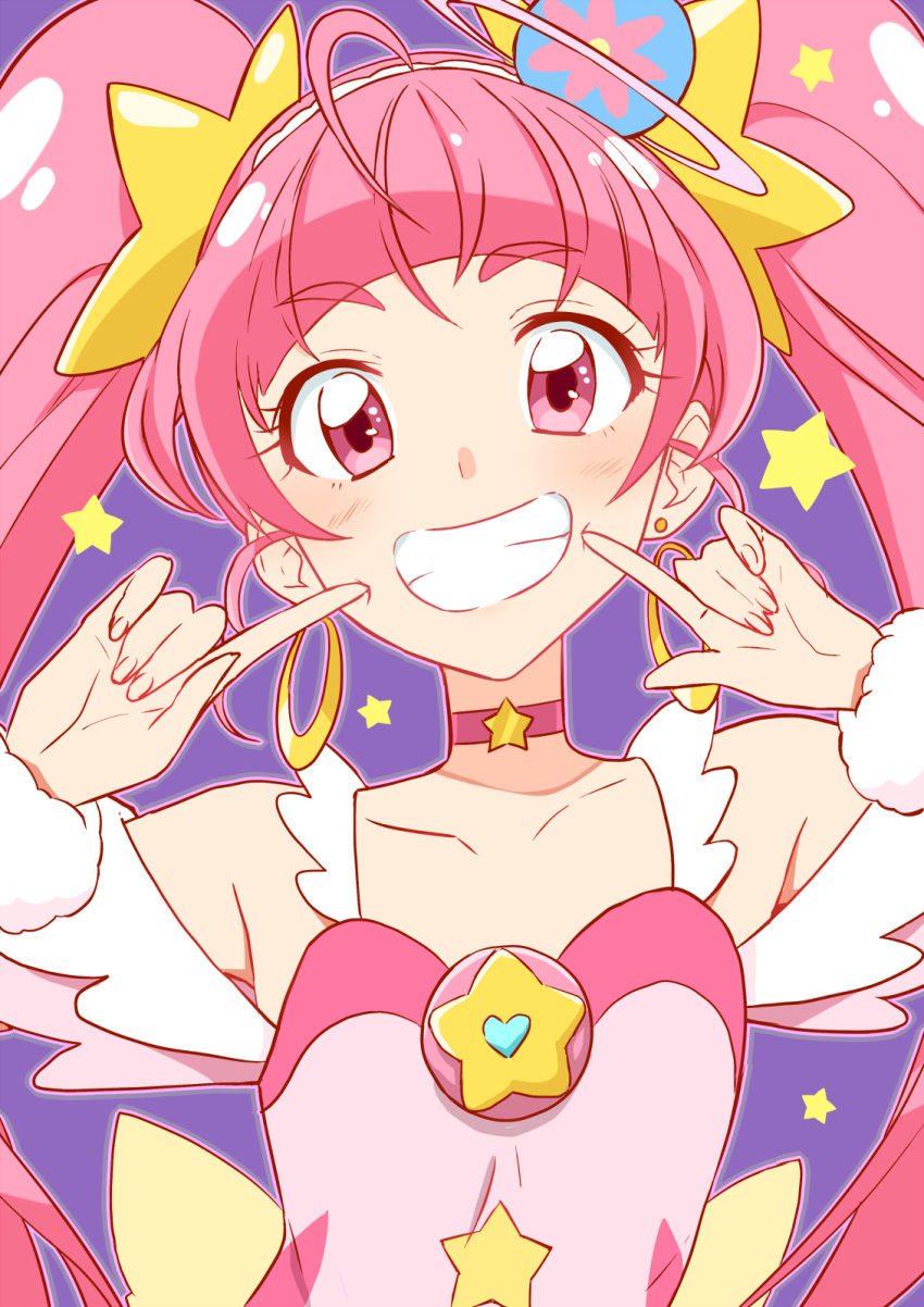 ahoge blunt_bangs bow cheek_poking choker collarbone commentary_request cure_star dress earrings female fingernails flat_chest grin hair_ornament highres hoshina_hikaru jewelry long_hair looking_at_viewer magical_girl pink_choker pink_dress pink_eyes pink_hair pink_theme planet_hair_ornament poking poking_self precure purple_background simple_background sleeveless sleeveless_dress smile solo star_(symbol) star_choker star_hair_ornament star_twinkle_precure twintails upper_body waist_bow wrist_cuffs yellow_bow yuto_(dialique)