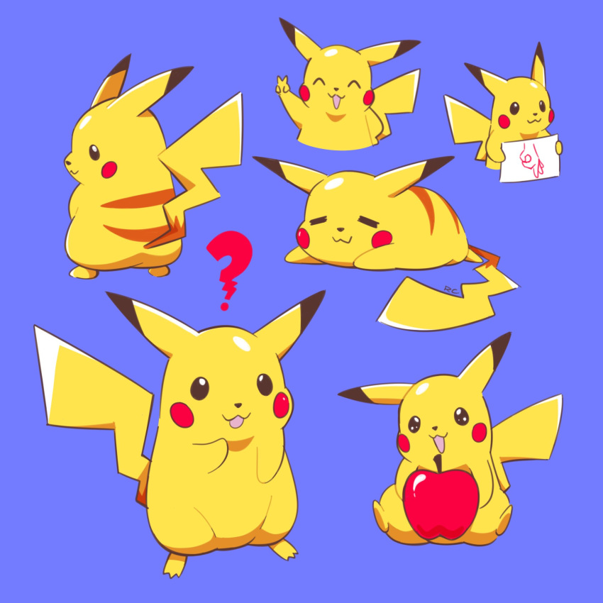 =_= ? apple artsy-rc blue_background circle_game commentary english_commentary food fruit highres holding holding_sign no_humans pikachu pokemon pokemon_(creature) red_apple sign simple_background sleeping v