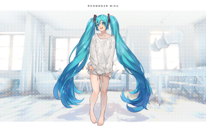 0ctter aqua_eyes aqua_hair barefoot chair character_name commentary female hair_ornament hatsune_miku holding holding_clothes holding_shirt indoors knit_sweater letterboxed long_hair looking_at_viewer loungewear no_pants open_mouth room shirt smile solo standing sweater table twintails very_long_hair vocaloid white_sweater wide_shot window