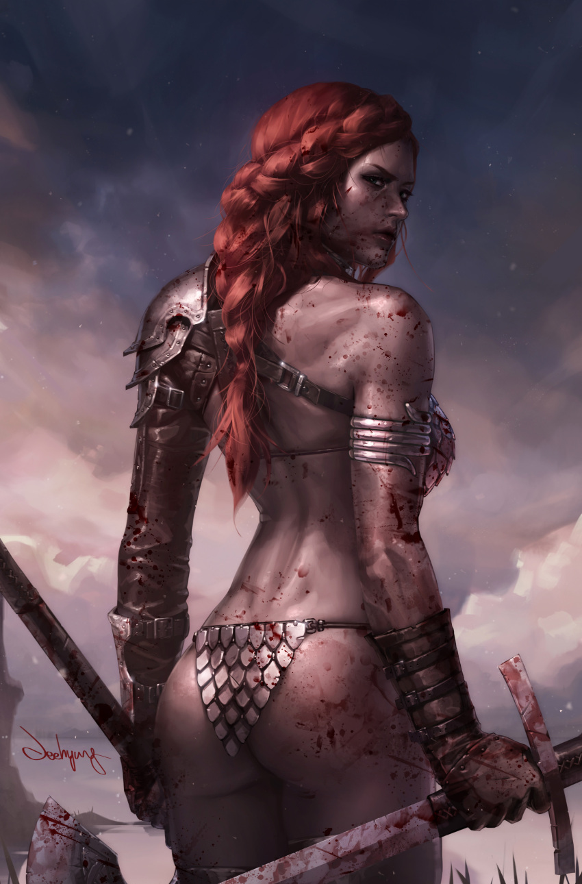 absurdres armor bikini_armor blood blood_on_face blood_on_weapon braid dual_wielding female green_eyes grey_sky highres holding holding_sword holding_weapon jee-hyung_lee long_hair looking_back outdoors red_hair red_sonja red_sonja_(comics) signature sky solo sword weapon