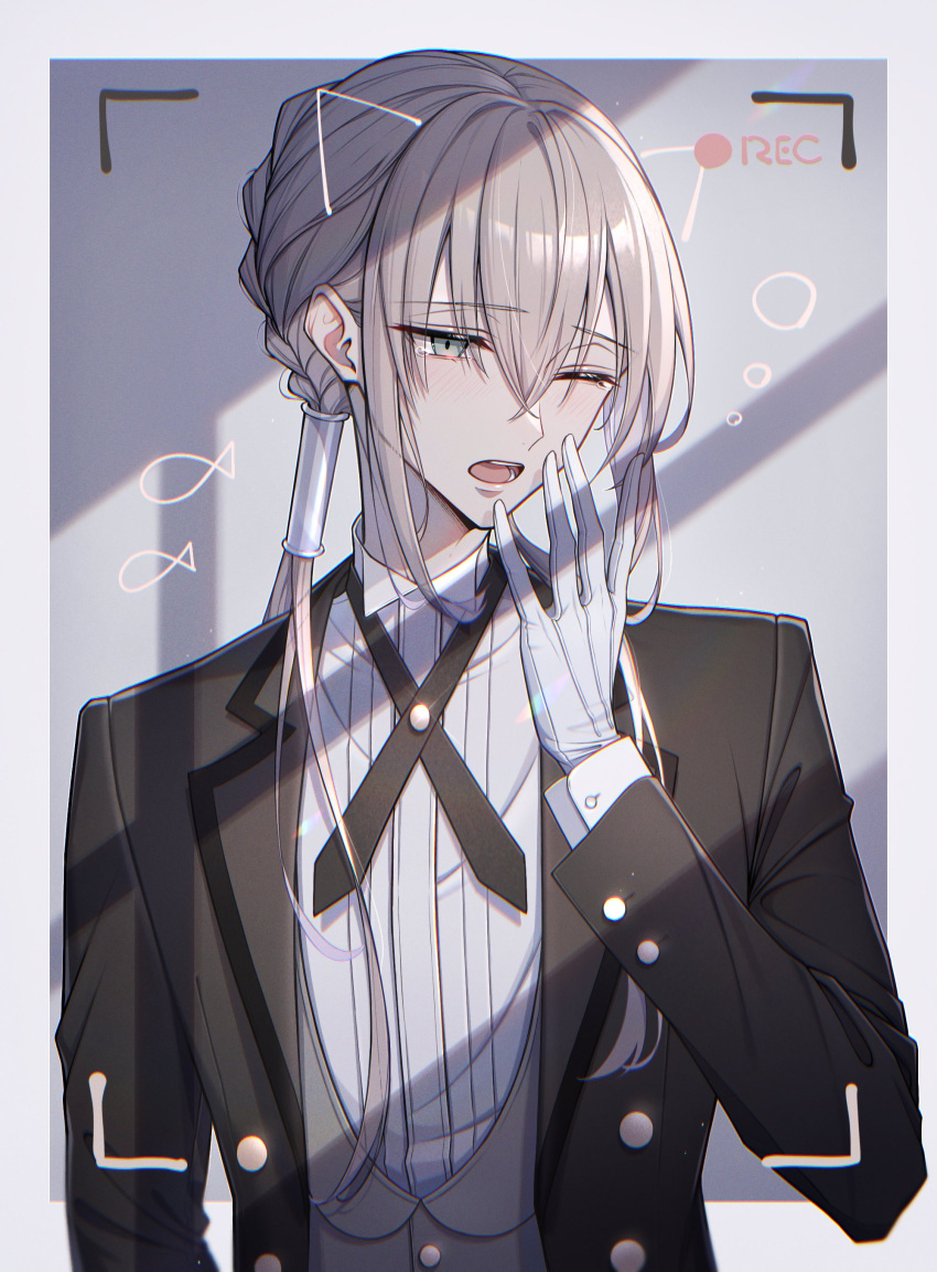 >_o 1boy absurdres bambi-25 bedivere_(fate) bedivere_(silver_butler)_(fate) black_jacket blonde_hair butler collared_shirt cross_tie drawn_ears face_filter fate/grand_order fate_(series) formal gloves green_eyes grey_vest hair_between_eyes hair_tubes highres jacket light_blush long_hair long_sleeves male_focus official_alternate_costume one_eye_closed outside_border ponytail recording shirt solo teeth upper_body vest viewfinder white_gloves white_shirt yawning