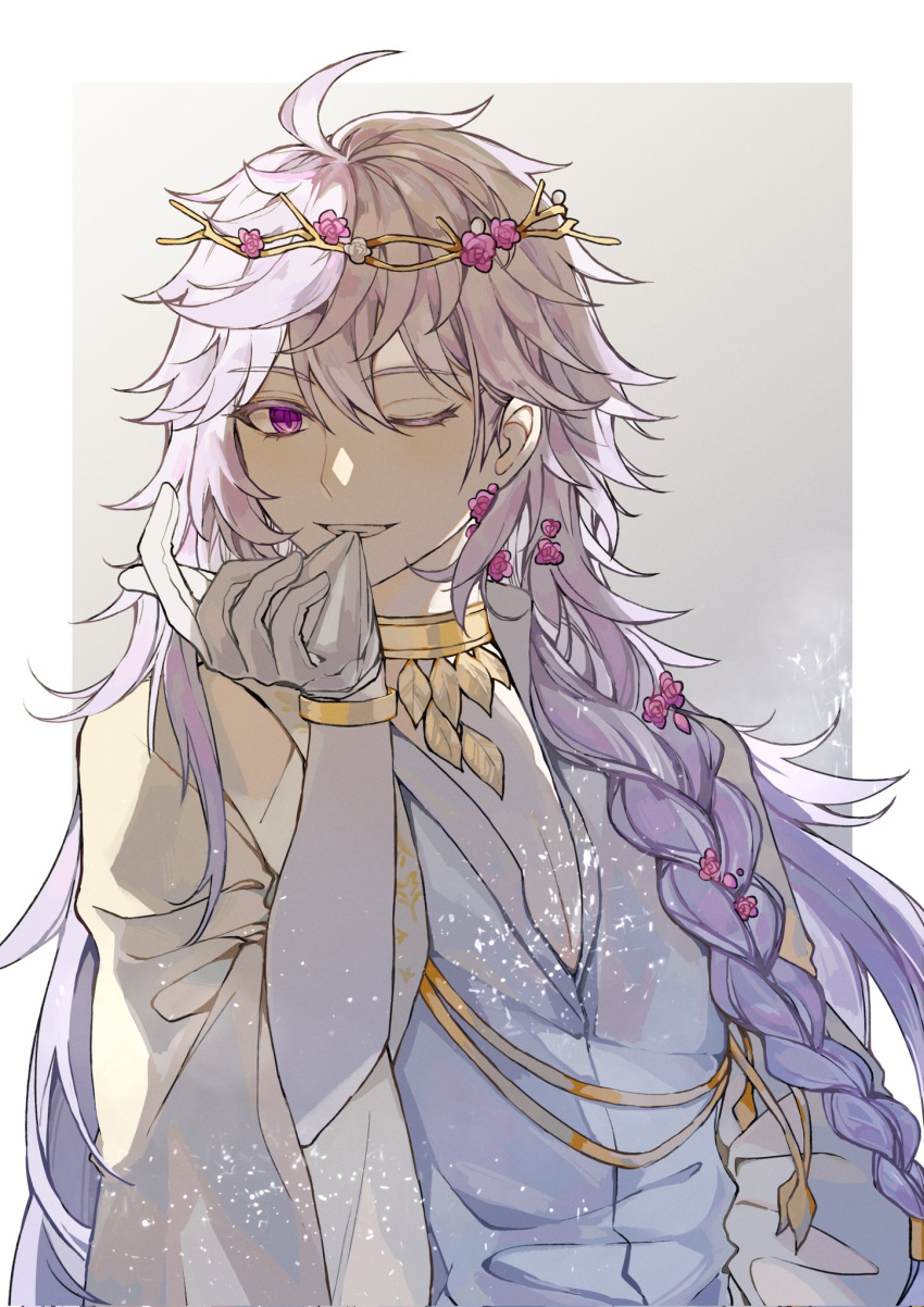 1boy ahoge alternate_hairstyle biting braid commentary_request fate/grand_order fate_(series) flower gloves hair_between_eyes hair_flower hair_ornament hand_up head_wreath highres light_particles long_hair long_sleeves looking_at_viewer male_focus merlin_(fate) merlin_(overnight_dream)_(fate) official_alternate_costume one_eye_closed pink_flower purple_eyes shirt single_braid smile solo teeth uncleko5 upper_body very_long_hair white_flower white_gloves white_hair white_shirt