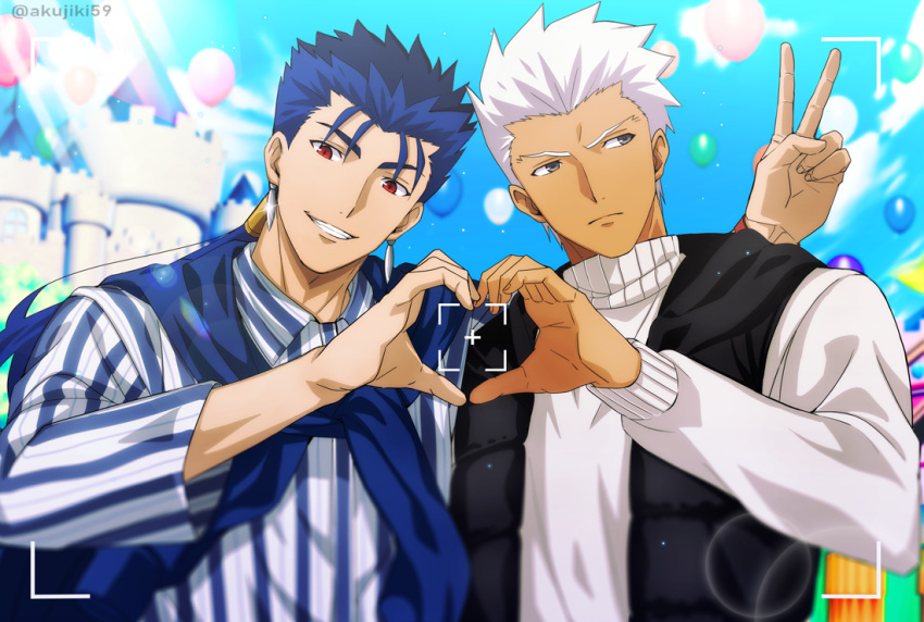 2boys akujiki59 alternate_costume amusement_park archer_(fate) baggy_clothes balloon blue_hair blue_scarf brown_eyes camera castle collared_shirt couple cu_chulainn_(fate) cu_chulainn_(fate/stay_night) dark-skinned_male dark_skin earrings fate/stay_night fate_(series) heart heart_hands heart_hands_duo hood hood_down hoodie interracial jewelry long_hair long_sleeves looking_at_viewer looking_to_the_side male_focus multiple_boys ponytail red_eyes scarf shirt sleeveless sleeveless_hoodie smile spiked_hair sweater upper_body white_hair white_sweater yaoi