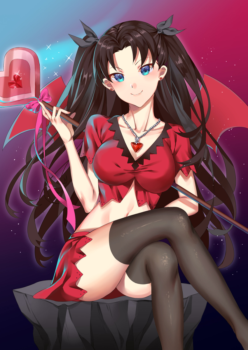 absurdres black_bow black_thighhighs blue_eyes bow breasts brown_hair cleavage closed_mouth collarbone crop_top crossed_legs earrings fate/grand_order fate/stay_night fate_(series) female floating_hair hair_intakes hairbow head_tilt highres holding holding_staff jewelry lingzi_sang long_hair looking_at_viewer medium_breasts midriff miniskirt navel necklace pink_bow pink_ribbon red_shirt red_skirt ribbon shiny_clothes shiny_legwear shirt short_sleeves sitting skirt smile solo staff stomach thighhighs tohsaka_rin tohsaka_rin_(formalcraft) twintails very_long_hair