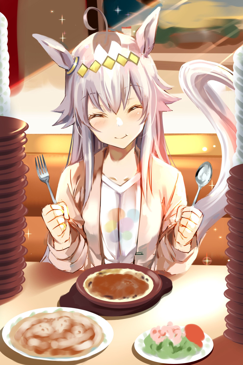 absurdres ahoge animal_ears chewing closed_eyes closed_mouth doria_(food) eating female fork highres holding horse_ears horse_girl horse_tail knife long_hair oguri_cap_(umamusume) plate ponytail restaurant saizeriya shirt smile solo tail umamusume uu-tan_(hushigi10) white_hair