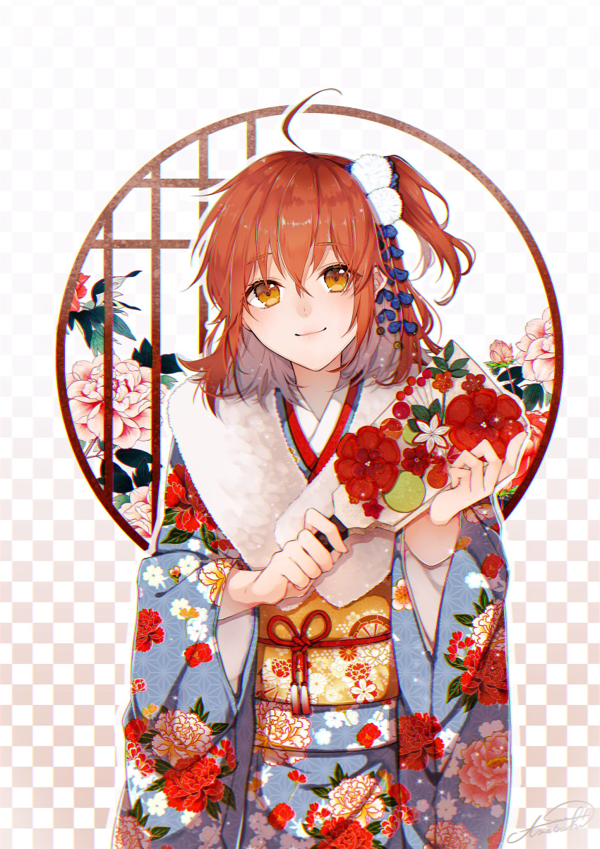 absurdres ahoge asa_no_ha_(pattern) chromatic_aberration commentary_request duplicate fate/grand_order fate_(series) female floral_print flower fujimaru_ritsuka_(female) fujimaru_ritsuka_(female)_(ceremonial_new_year) fur_trim furisode genjiguruma hagoita hair_ornament highres holding japanese_clothes kanoko_(pattern) kimono long_hair long_sleeves looking_at_viewer new_year obi official_alternate_costume one_side_up orange_hair paddle peony_print pixel-perfect_duplicate sakuramon sash signature smile solo suna_co upper_body wide_sleeves yellow_eyes